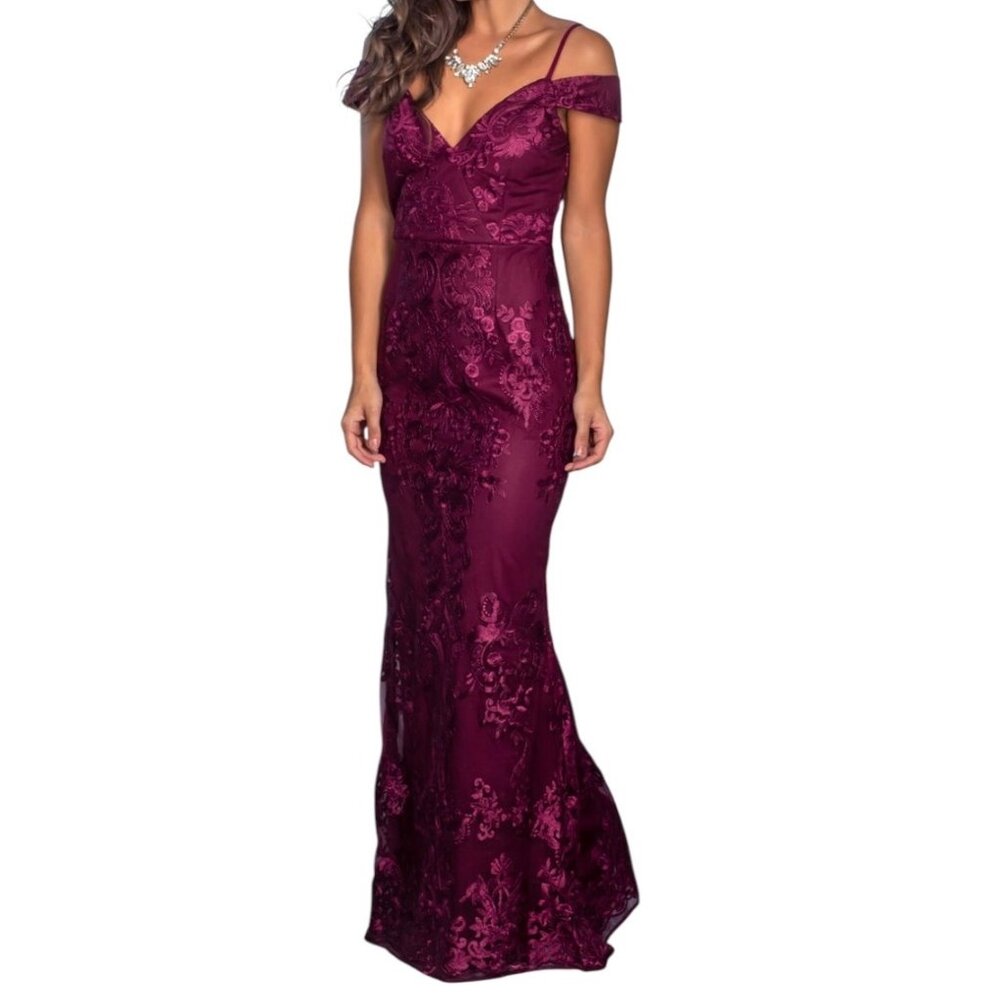 Off-Shoulder Burgundy Lace Maxi Dress - Picture 2 of 16